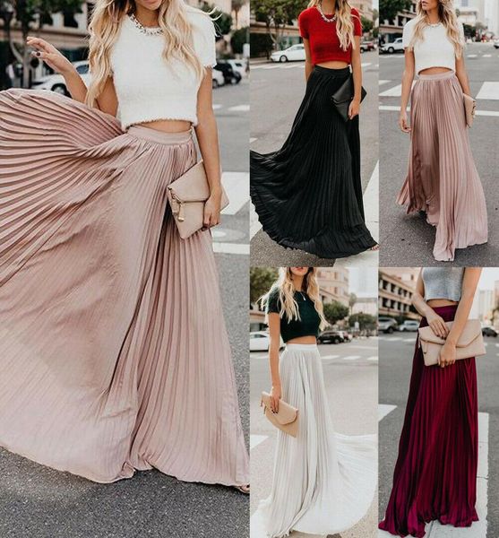 

vintage skirts womens chiffon mesh high waist solid color long maxi skirts pleated half length beach skirts autumn womens9898263, Black