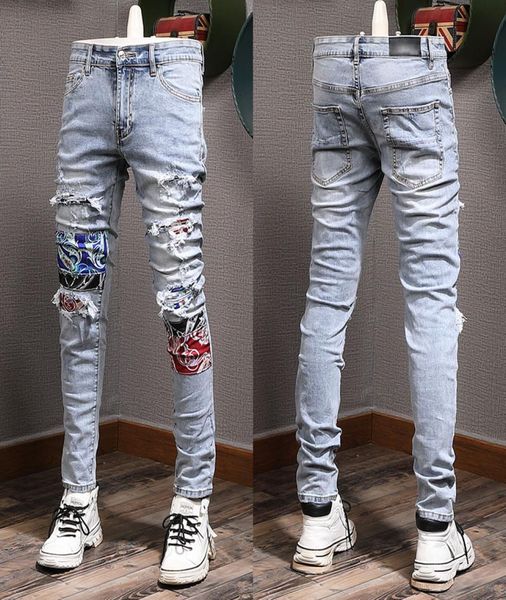 

patchwork applique jeans american euro nightclub slim fit long cowboy trousers men7649370, Blue