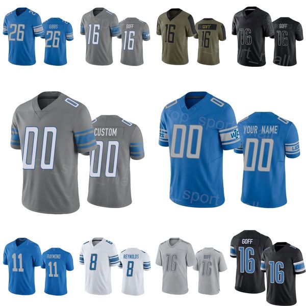 

men kids women football 16 jared goff jersey 46 craig reynolds 14 amon-ra st brown 11 kalif raymond 8 josh reynolds 26 jahmyr gibbs all stit, Black;red