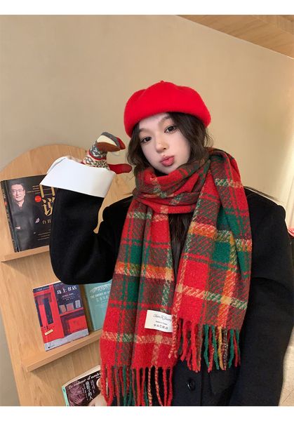 

scarves red tassel plaid scarf women's winter christmas high grade warm keeping neck shawl 230810, Blue;gray