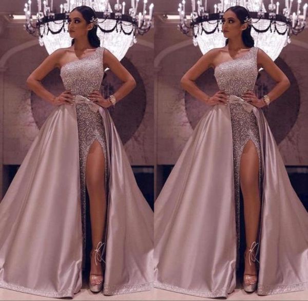 

sparkly rose gold sequined one shoulder prom dresses luxury high side split evening gown with detachable train long formal party g8898649, Black