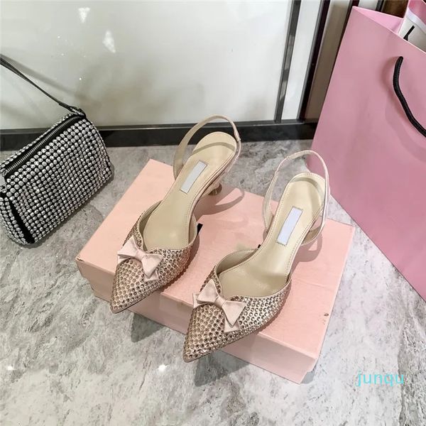

fashion rhinestone bow high heel shoes women sandals pointed toe low woman sandal lady brand design shiny highheel shoe, Black