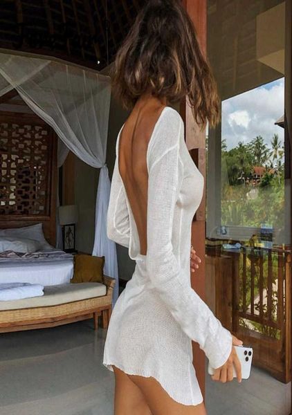 

forefair bare back see through dress long sleeve knitted white beach o neck 2021 summer party mini skinny women y08235319437, White;black