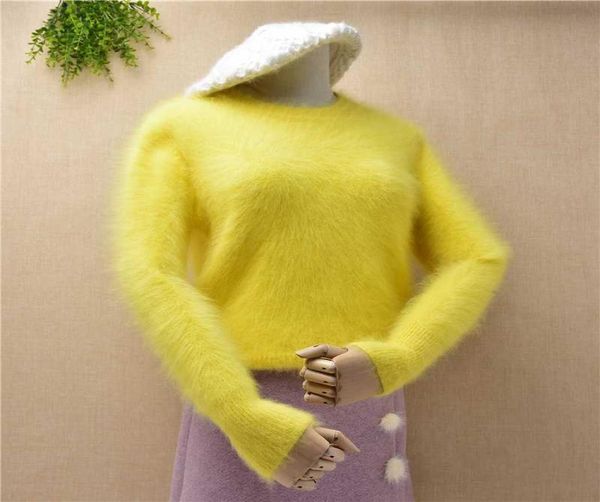 

women winter clothes long sleeves mink cashmere knitted jumper angora fur bottoming sweater pull female yellow color7742375, White;black