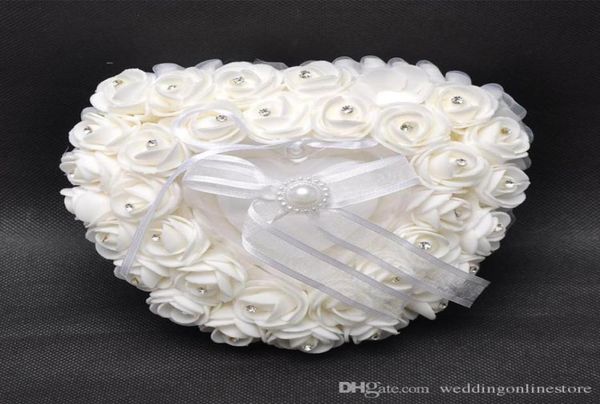 

love heart white crystal pearl bridal ring pillow organza satin lace bearer flower rose pillows bridal supplies beaded wedding fav6056151