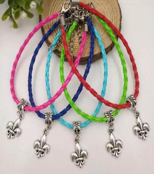 

20 pcs lot antique silver fleur de lis dangle bead pendant mixed color leather braided rope bracelets bangles womens jewelry a11867755713, Golden;silver