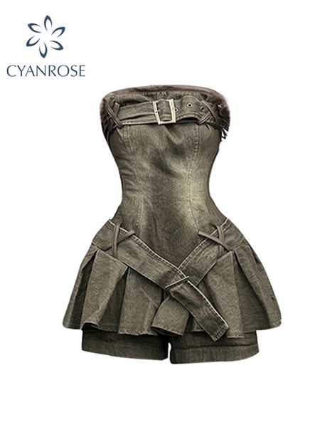 

basic casual dresse 's off shoulder elegant denim mini dress party club y2k vintage kawaii strapless a line jean summer 2023 230810, Black;gray