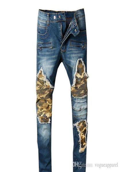 

mens biker jeans camouflage patchwork design hommes slim pencil pants denim long trousers streetwear ripped jeans males clothing8151033, Blue