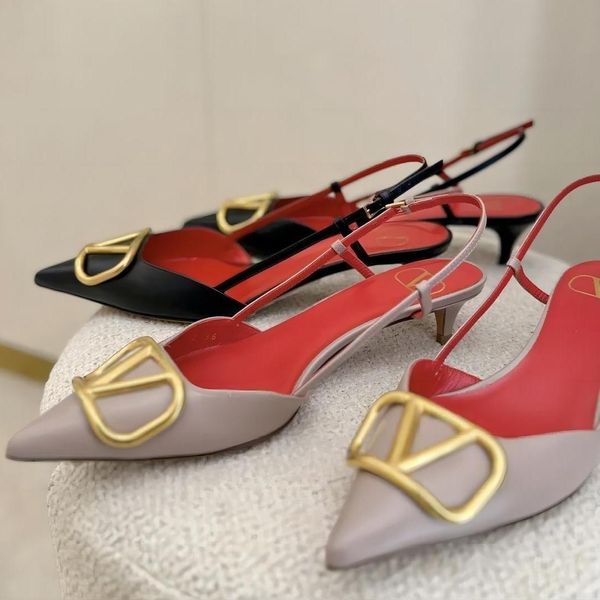 

2023 new pointed toe stiletto sandals female hollow metal V-buckle Baotou leather high-heeled shoes, 6cm 8cm, Color 9