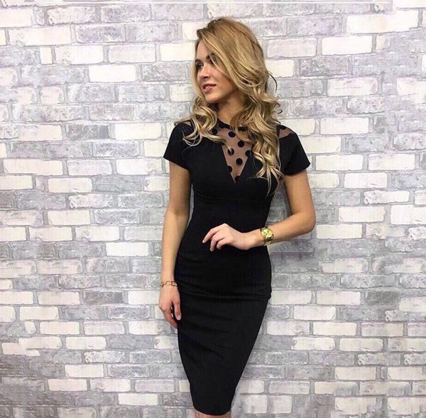 

2018 new elegant women lack hollow dress autumn oneck short sleeve kneelength party slim black dresses bodycon7177380, White;black