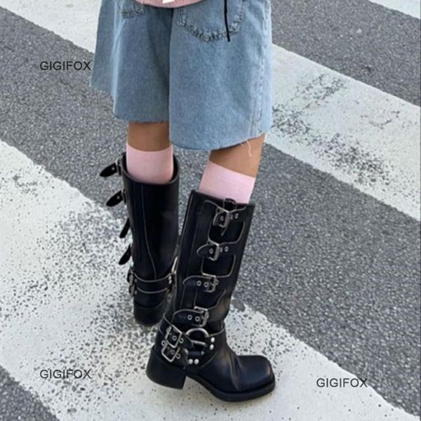 

boots gigifox platform combat boots zip chuny heel buckle vintage fashion casual luxury designer western mid calf boots shoes woman 230809, Black