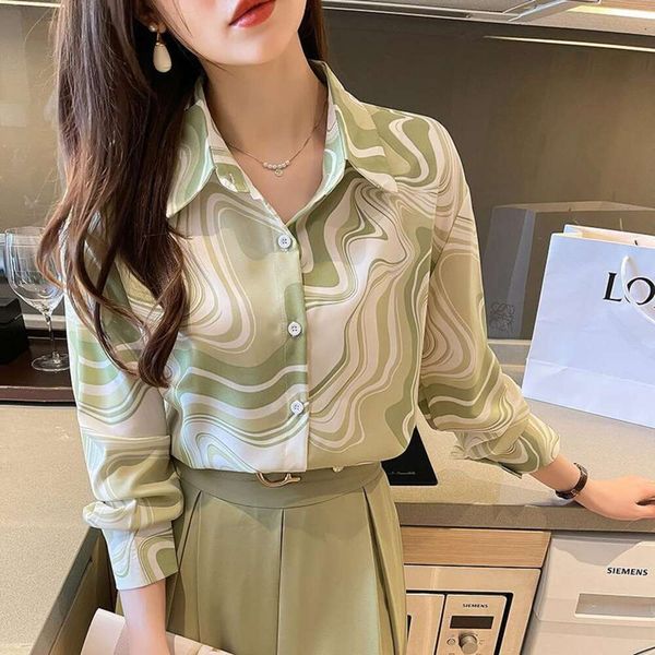 

green striped long sleeve chiffon shirt for women autumn light and familiar french, White