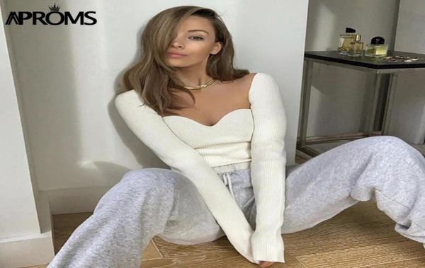 

aproms square neck ribbed knitted sweater women casual long sleeve high stretch pullovers streetwear white soft basic 2012833365, White;black