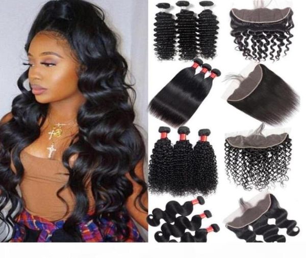 

grade 10a brazilian straight virgin human hair bundles with closure frontal ear to ear unprocessed body wave hair extensions bundl2861889, Black;brown