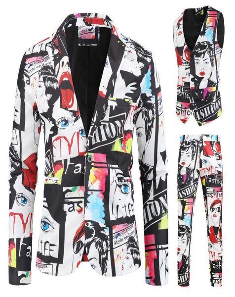 

mens fashion printed 3 piece set blazervestpants casual suits plus size hip hop slim fit suit set men singer wedding costume x9956238, White;black