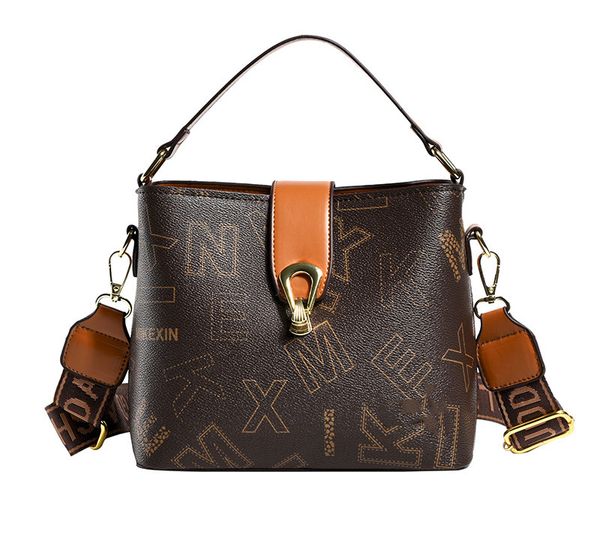 

pu bucket handbag designer bags letter printed crossbody bag retro bag women's bag wide shoulder strap bag wholesale