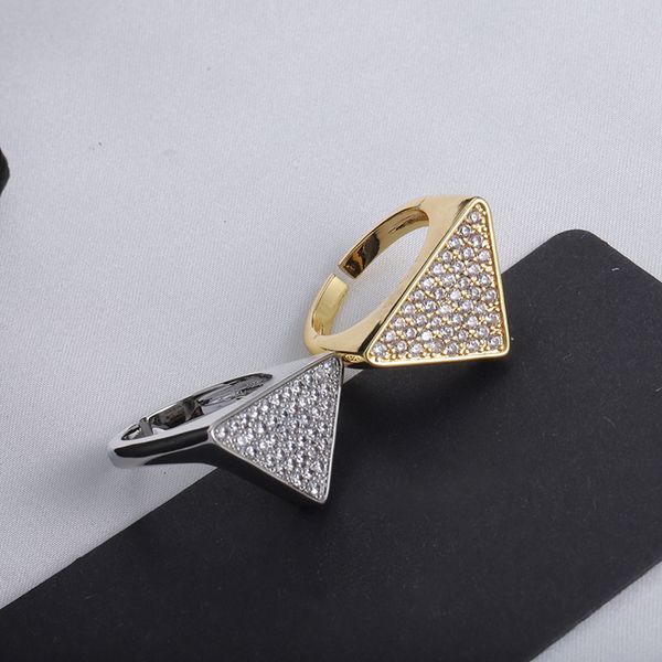 

women designer rings classy diamante triangle ring chic charm diamonds opened 18k gold plated ring jewelry, Silver