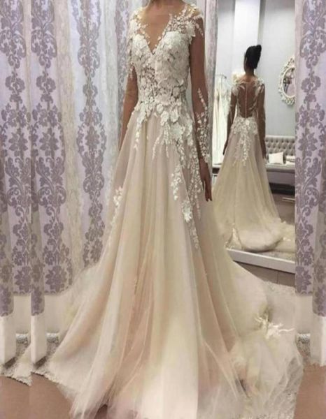 

sheer illusion long sleeves wedding dresses lace appliques natural waistline long bridal gowns garden formal robe de mariee15479148960821, White