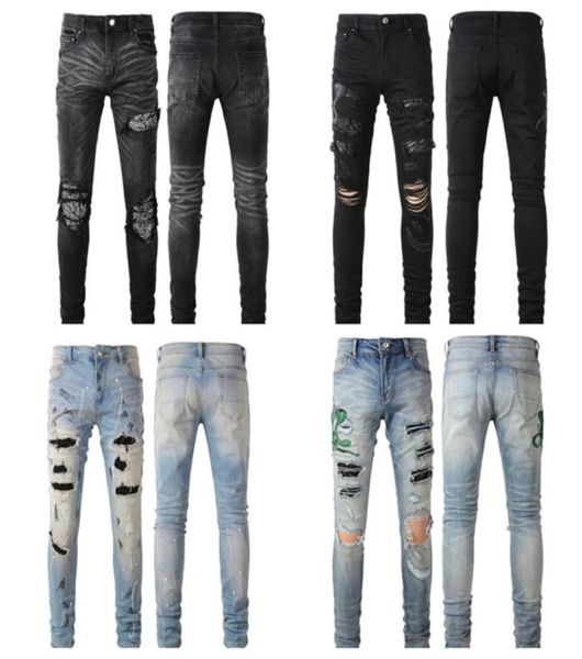 

mens jeans distressed motorcycle biker jean rock skinny slim ripped hole patchwork regular skinny designer high denim black pa4160627, Blue
