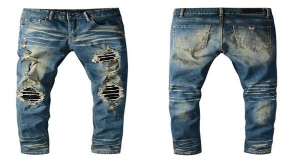 

new style fashion mens straight slim fit biker jeans pants distressed skinny ripped destroyed denim jeans washed hiphop trousers 18001363, Blue
