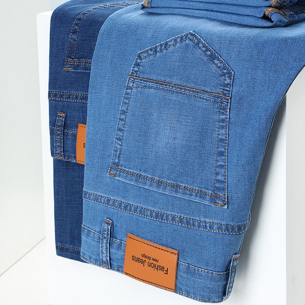 

mens jeans spring summer office business men classic blue black cotton stretch straightleg denim pants male brand trousers 230810