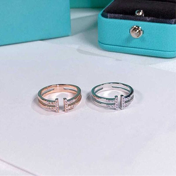 

eller new korean sterling silver double t open ring s925 layer diamond versatile fashion adjustable