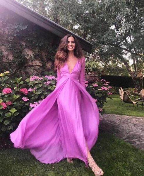

2019 new arrival split formal evening dresses plunging v neck long sleeves garden chiffon ruched prom gowns for party robe de4697776, Black;red
