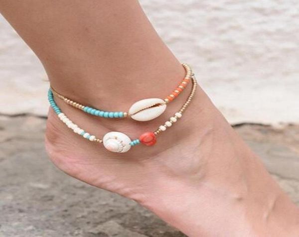 

anklets 2pcs women girls anklet set bohemian natural shell decor ankle charm bracelet beaded handmade leg foot jewelry6090587, Red;blue
