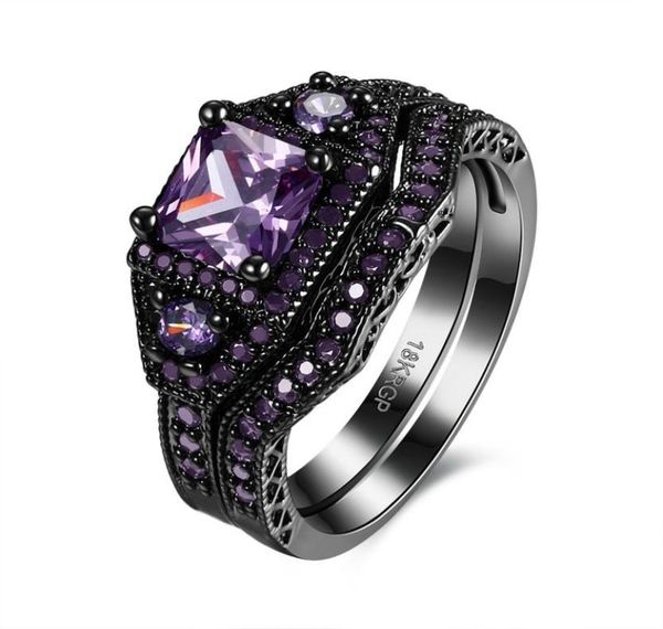 

princess cut 5mm 1ct amethyst bridal jewelry 18k black gold plated retro women039s wedding ring sets set 5126925572, Silver