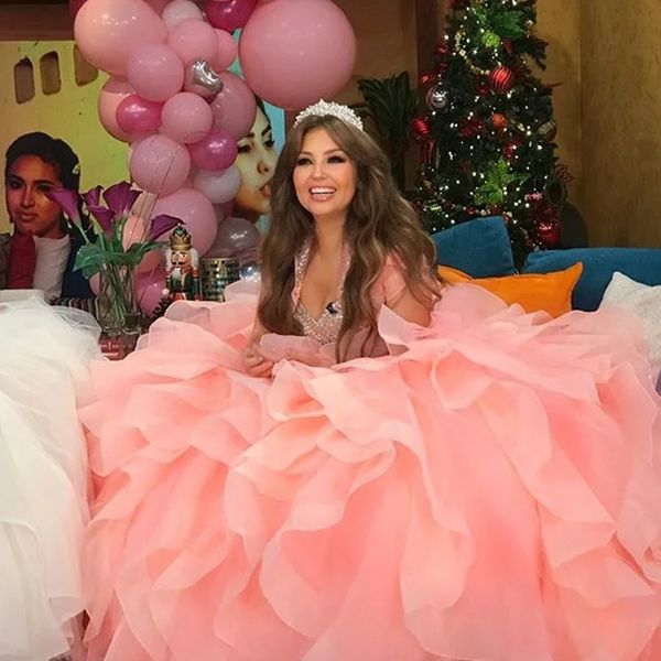 

coral pink prom sweet 16 dresses ball gown floral 3d flowers pearls beaded off the shoulder quinceanera dress plus size women 4 styles, Blue;red