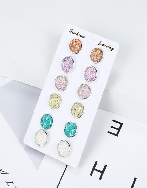 

6 pairset women039s shiny resin ear stud with round bling druzy stone for girls cute earrings set 2019 fashion jewelry gift2007703, Golden;silver