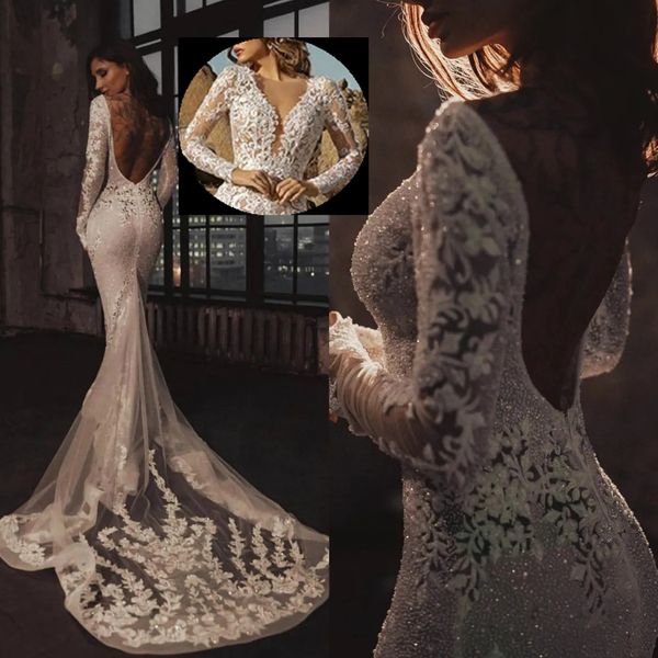

mermaid wedding dresses vintage long sleeve jewel neck lace beading garden country bridal gowns wedding dress robe de mariage, White
