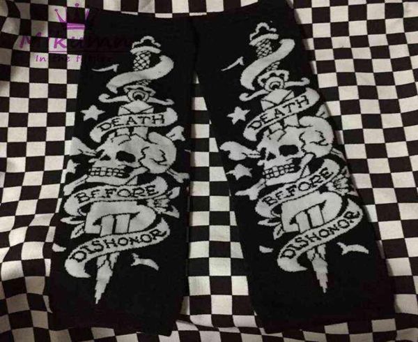 

punk skull half finger balck gloves women gothic fingerless knitted long gloves hip hop streetwear4386658, Black