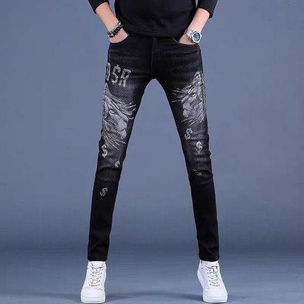 

mens jeans korea version black white wash slim stretch light luxury embroidery stylish street jeans; 230809, Blue