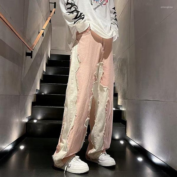 

men's jeans patchwork hip hop loose 2023 autumn streetwear straight baggy wide leg denim pants male brand trousers, Blue