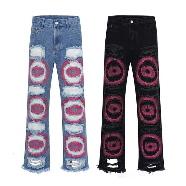 

mens jeans american style washed ripped cat whiskers splicing camouflage jeans mens and womens straight tube slim vibe pants 230809, Blue