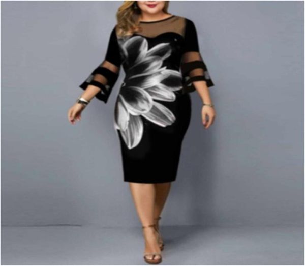 

womens plus size dresses casual flower print mesh patchwork midi lace 34 sleeve party summer dress for wedding clothing1788324, Black