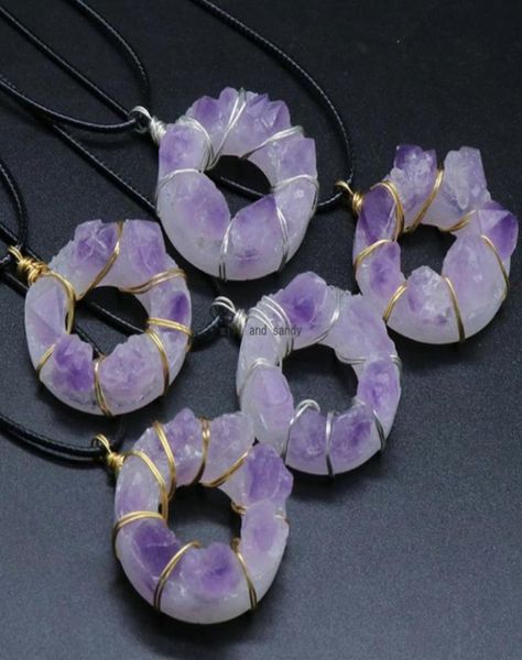 

natural stone amethyst circle necklace wire wrapped 35mm donut pendant irregular healing crystal collar necklaces for women fashio1562500, Silver
