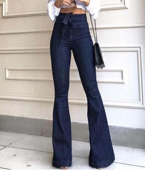 

women denim tie flare boyfriend ladies high waist skinny bell bottom pants autumn wide leg mom jeans y2004176022539, Blue