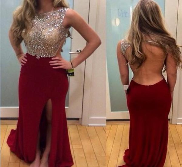 

2016 new vestidos burgundy split formal evening prom dresses wear illusion neck sleeveless open back backless crystal beads long p7821577, Black;red