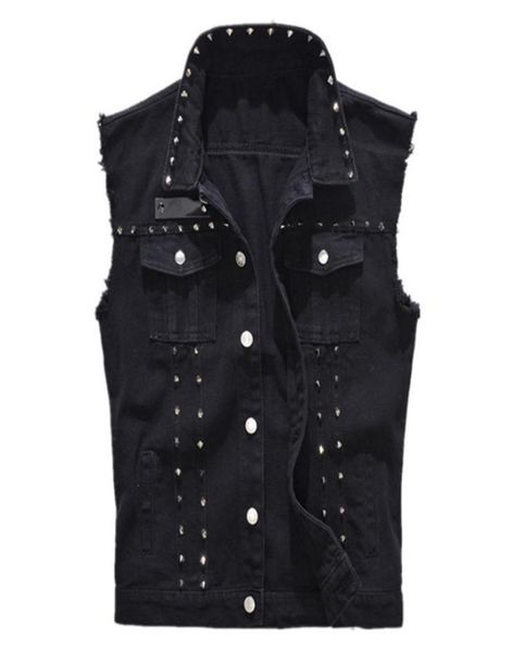

fashion high street men denim vest punk style rivet jeans waistcoat plus size m5xl male motorcycle sleeveless jean jacket black1609950, Black;white