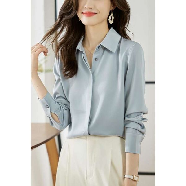 

gray blue satin shirts blouse for women long sleeves autumn all matching dark lapel retro harbor style feeling of, White