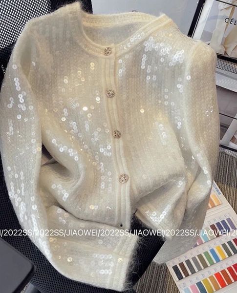 

women's jackets high end white pink sequined knitted cardigan coat for women 2023 spring and autumn elegant short sweater jacket 230809, Black;brown