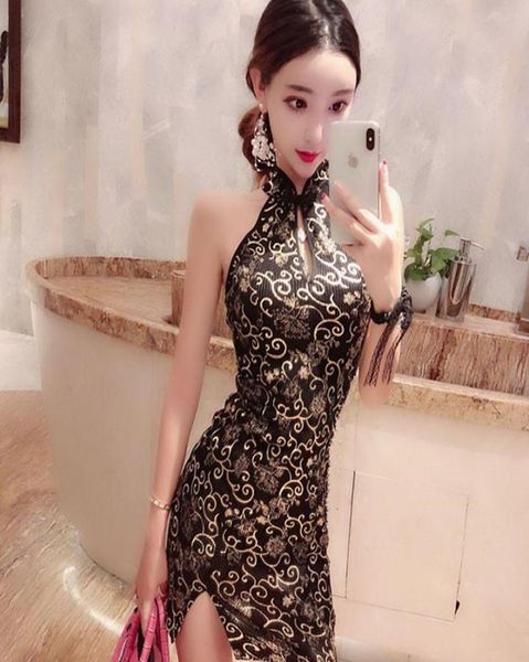 

casual dresses chinese style club dress women sheath cheongsam vintage printed halter short mini bodycon night party vestidos7808928, Black;gray