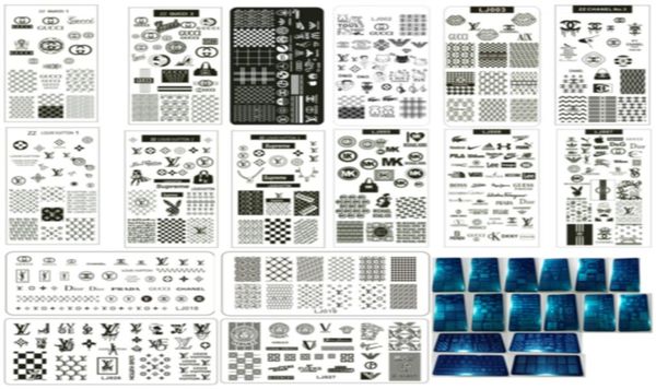 

16pcs mixed luxury brand logo designs nail art stamping plate stamp xl big full french design image stencil transfer pol2874809, White