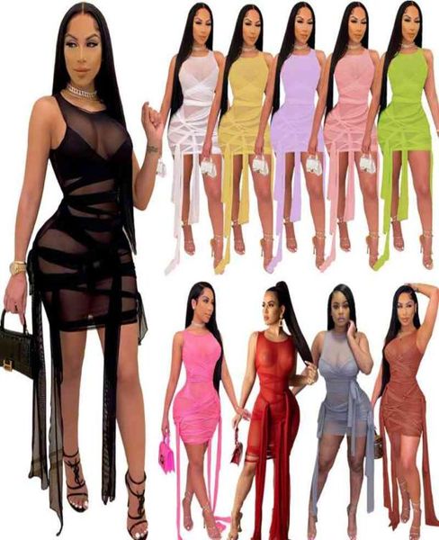 

women casual dresses mesh perspective bandage sleeveless party dress elgant summer bodycon club wear 20215685277, Black;gray