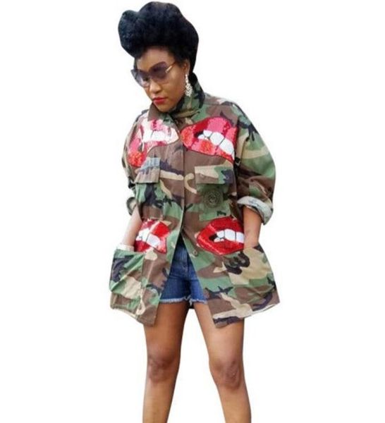 

autumn winter sequin lip camouflage camo jacket coat women high neck buttonup pockets slim streetwear casual outerwear3480572, Black;brown