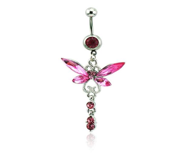 

fashion belly button rings 316l stainless steel barbells dangle pink dragonfly navel rings hypoallergenic body piercing jewelry9667407, Silver