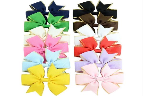 

3 inch solid grosgrain bowknot ribbon classical bow hairpin with gold verge hair clip for girls accessory girls headdress a799181132, Slivery;white