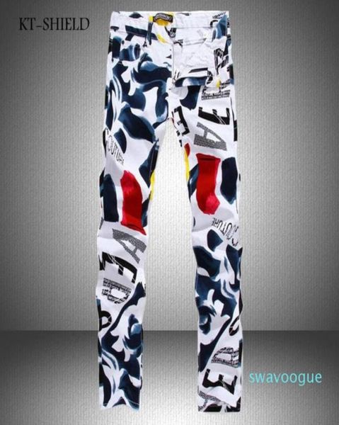 

whole mens denim pants autumn new famous lux man casual pants fashion 3d painted jeans white skinny cotton trousers vaqueros 999524188091, Blue